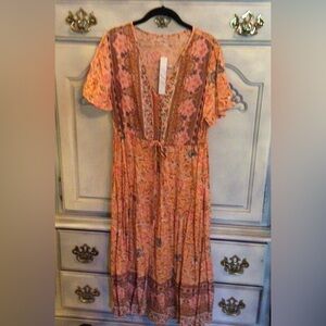GAOVOT/ Orange FLORAL MIDI DRESS with Flutter Sleeves Sz L